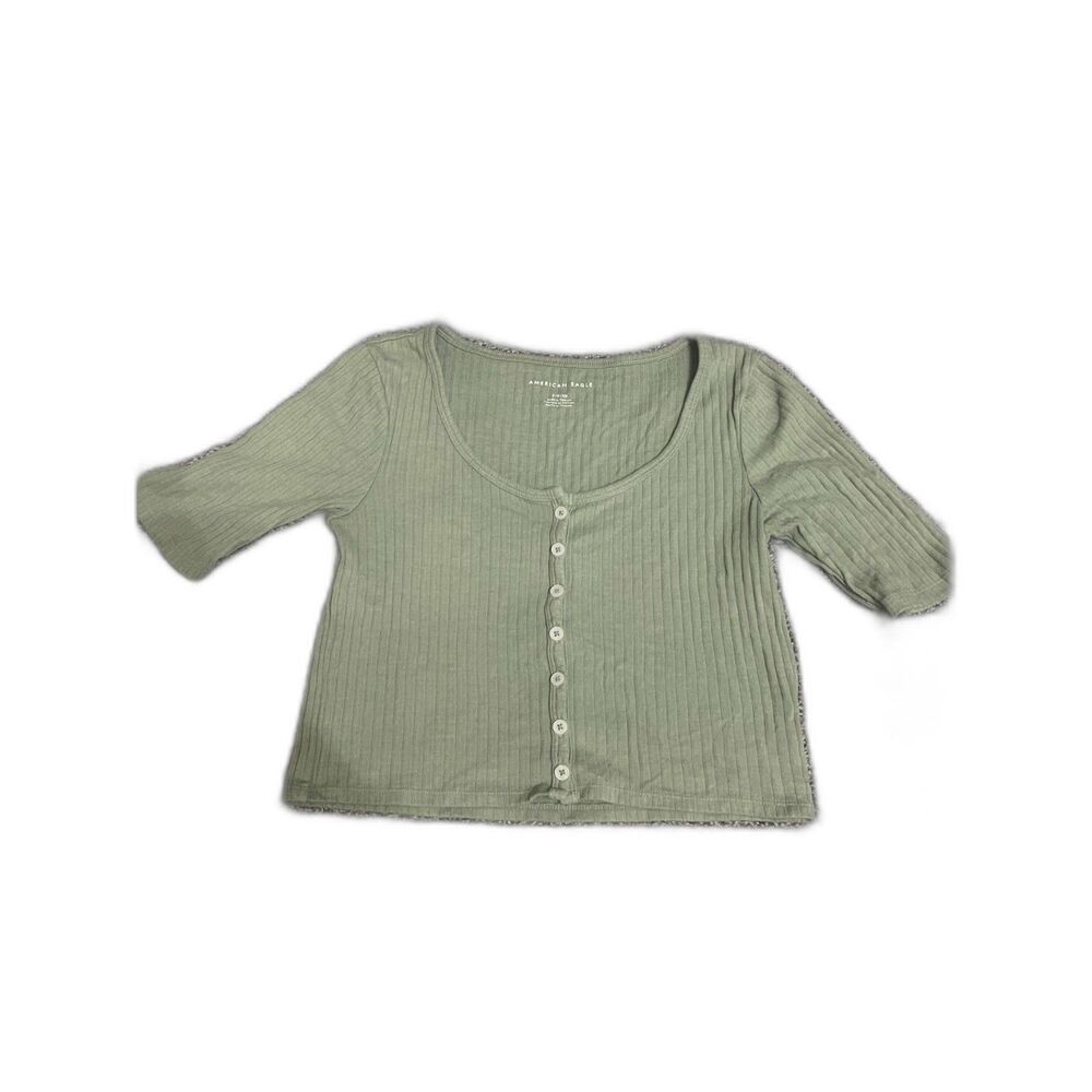 American Eagle sage green ribbed button-front short sleeve crop top S